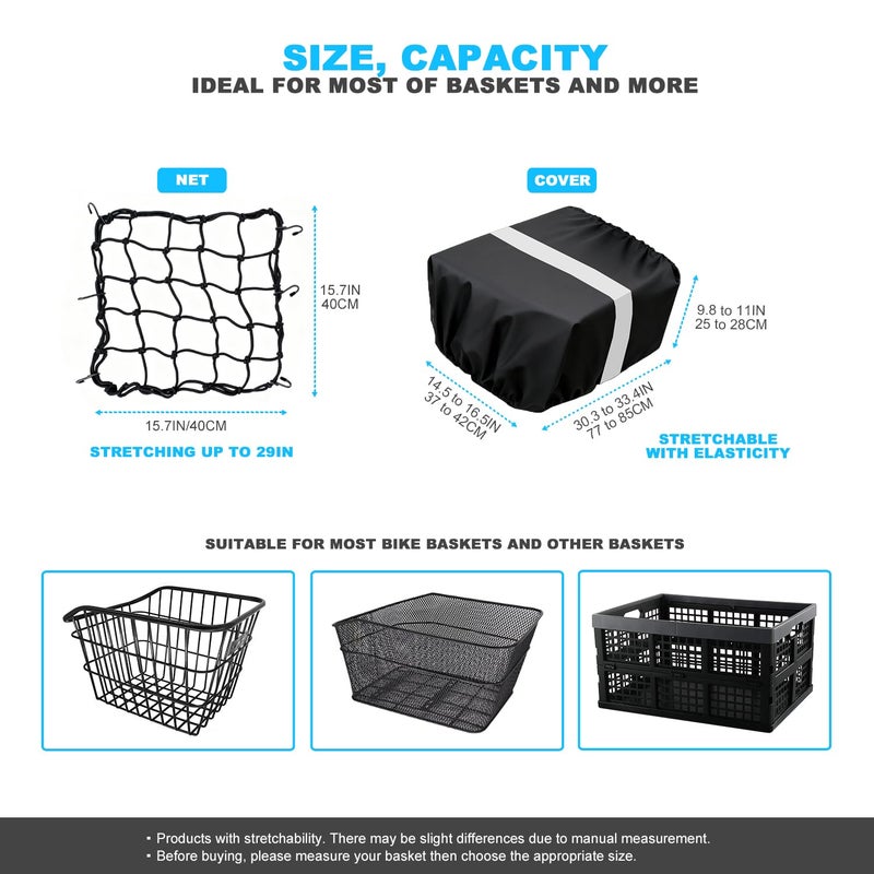 MATTISAM Waterproof Bike Basket Rain Cover and Bungee Cargo Net - Elastic Bicycle Basket Liner with Reflective Strip, Fits Most Bikes (Black, Large-80L) - Image 5